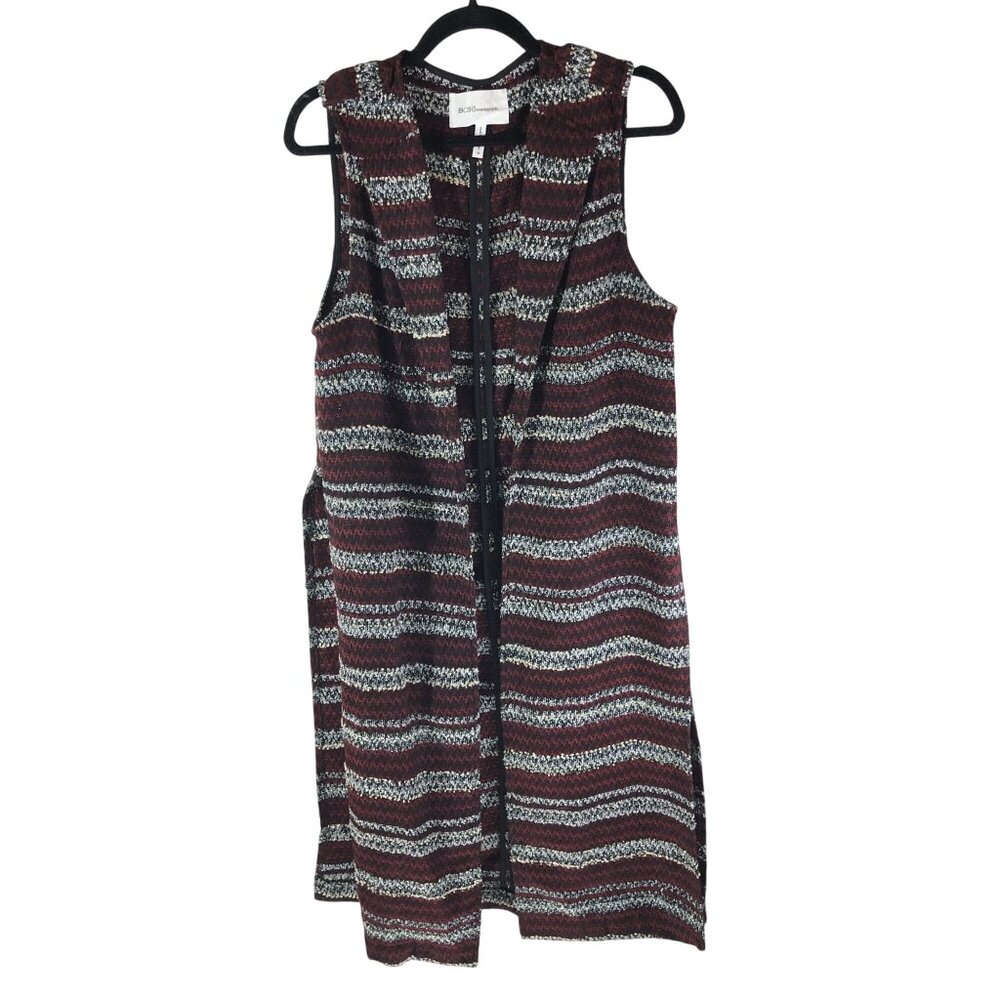 BCBGeneration Tweed Cardigan Duster Side Slits Open Front Striped Red Black M